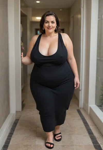 From behind, a full body photo of a full figure bbw brunette gilf, 60 years old, mature, thick, (very obese:1.2), (no bra, covered nipples), big smile, (captivating striking amber eyes:1.3), flirting with viewer, beautiful face, huge ass, ((wearing a sleeveless black dress)), walking, birthday party in her home patio in the USA suburbs, best quality, <lora:nobrav1_SDXL:.8>