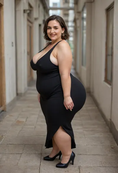 From behind, a full body photo of a full figure bbw brunette gilf, 60 years old, mature, (obese:1.2), (no bra, covered nipples), big smile, (captivating striking amber eyes:1.3), flirting with viewer, beautiful face, huge ass, ((wearing a sleeveless black dress)), walking, birthday party in her home patio in the USA suburbs, best quality, <lora:nobrav1_SDXL:.1>
