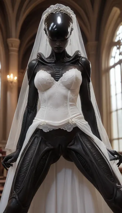 solo female xenomorph, ((female xenomorph black body)), wearing tight_fitting lace wedding dress and wedding veil, wedding dress with a slit in the front revealing a naked pussy, alien tits, alien pussy, <lora:SDXLHighDetail_v6-000005:.5>