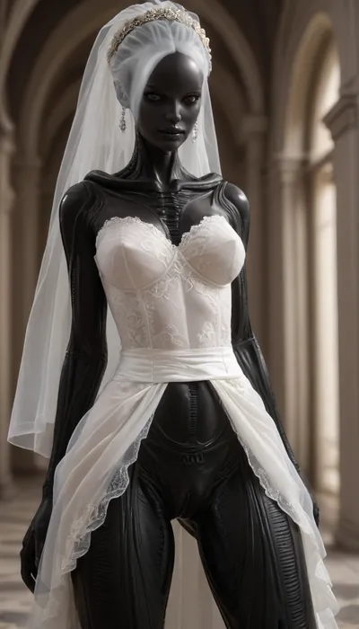 solo female xenomorph, ((female xenomorph black body)), wearing tight_fitting lace wedding dress and wedding veil, wedding dress with a slit in the front revealing a naked pussy, alien tits, alien pussy, <lora:SDXLHighDetail_v6-000005:.5>