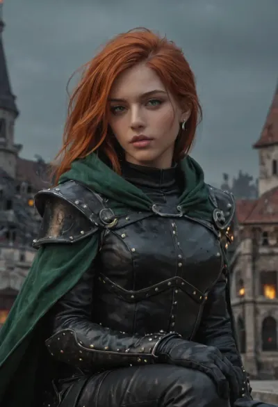 (ultra-detailed, fantasy illustration), fantasy rogue heroine inspired by Kim Possible, red hair, green eyes, athletic and agile, studded leather armor, dark green cloak of protection, bracers, short bow in hand, perched on castle rooftop at night, moonlit sky, city lights below, heroic pose, dramatic rim light, volumetric fog, dynamic composition, painterly brushwork, rich textures