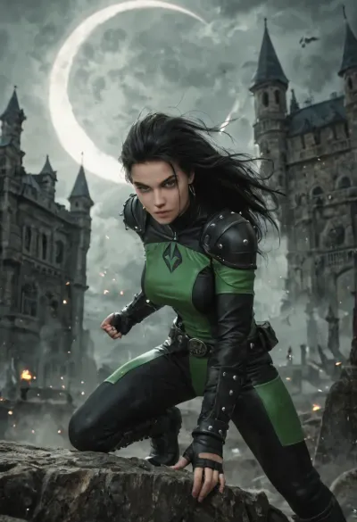 (ultra-detailed, fantasy illustration), plasma monk inspired by Shego, long black hair, green eyes, athletic and agile, large round breasts, dark leather armor with emerald accents, bracers, dragonhide belt, hand wraps glowing faintly, neon-green elemental energy swirling around clenched fists, sparks and embers, perched on a castle rampart under a crescent moon, stormy clouds, distant torches, dramatic rim light, volumetric fog, dynamic composition, painterly brushwork, rich textures, action pose