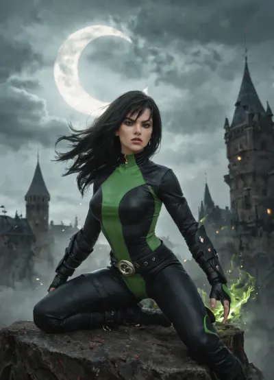 (ultra-detailed, fantasy illustration), plasma monk inspired by Shego, long black hair, green eyes, athletic and agile, large round breasts, dark leather armor with emerald accents, bracers, dragonhide belt, hand wraps glowing faintly, neon-green elemental energy swirling around clenched fists, sparks and embers, perched on a castle rampart under a crescent moon, stormy clouds, distant torches, dramatic rim light, volumetric fog, dynamic composition, painterly brushwork, rich textures, action pose