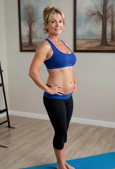 1/2 side view, in pilates studio, mature pilates instructor, Classy, chubby Mature Woman, married, housewife, (wearing a diamond ring on her left hand), hot mom, Morgan Shipley, ((65 years old)), ((wearing a yoga outfit)), fully dressed, nonnude, (full Body View), (face, blue eyes, No Makeup, dirty blonde medium Haircut), old Body, old skin, (hourglass figure), wrinkly skin, Pale skin, freckles, (tanlines:1.4), realistic skin Details, (very wide hips), big ass, (picture, Photo realistic, highest quality, 8k resolution, masterpiece), bottomheavy, big, ass, huge, gigantic, thick, thighs, massive, hips