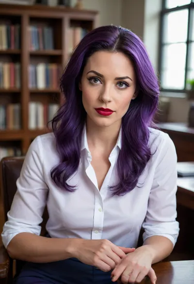 Mrs. Jones, bitchy principal, white button-up shirt, gray pants, sitting in a dark wooden chair behind a wooden desk, (long straight deep-purple/indigo hair), serious expression, tanned skin, red lipstick, (angular features), professional/academic setting, well-lit office, bookshelves filled with various books, natural light, plant in the background, exaggerated features