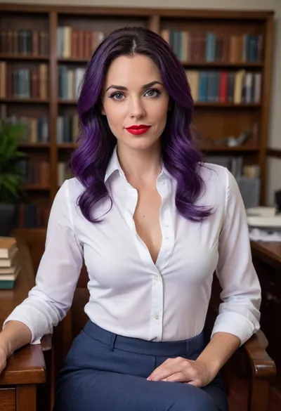 Mrs. Jones, bitchy principal, white button-up shirt, gray pants, sitting in a dark wooden chair behind a wooden desk, (long straight deep-purple/indigo hair), serious expression, tanned skin, red lipstick, (angular features), professional/academic setting, well-lit office, bookshelves filled with various books, natural light, plant in the background, exaggerated features