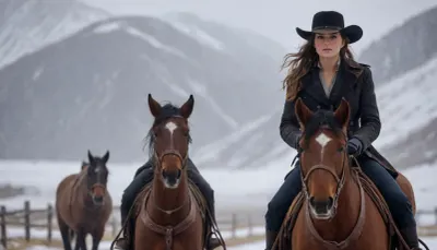 Cinematic photo of a gorgeous female Wild West gunslinger walking her horse through rugged Montana mountain terrain in a blizzard, dramatic exciting photo, confident gaze, swagger, 8K, incredibly detailed, bokeh, The, Hateful, Eight, film, style, <lora:The Hateful Eight film style:2>