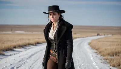 Cinematic photo of a gorgeous female Wild West gunslinger in the high plains in the snow, dramatic exciting photo, confident gaze, swagger, 8K, incredibly detailed, The, Hateful, Eight, film, style, <lora:The Hateful Eight film style:.8>
