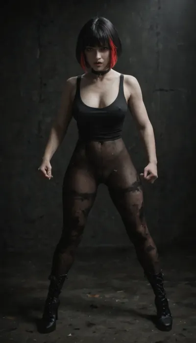 Slender 21yo woman, (bob cut and bangs black hair:1.3), (red highlights), Oval high cheekbone face. Wide jaw., (Pale skin:1.5), with soft features, heavy dark eyeliner and purple lip gloss.

Wide brown eyes, filled with devotion and submission, (Wearing black tank top, dark tight side laced leggings and high heel boots. Also wearing a thick black choker), Submissive body language, (Standing in a dirty dark room), detailed face, detailed hair, detailed body, detailed skin, detailed breasts, detailed pussy, random view angle, action pose, <lora:dark:.8>