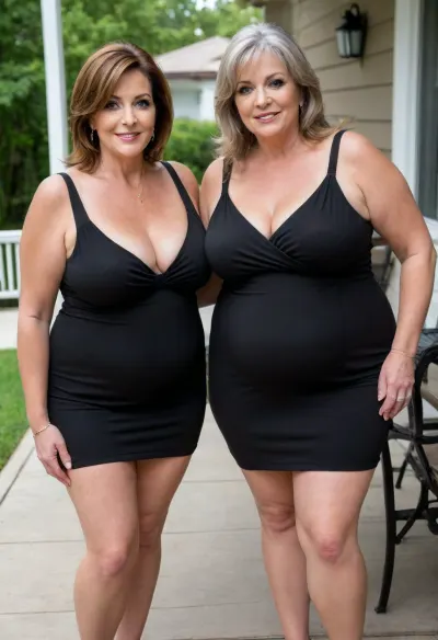 Two gilf's, a full body photo of two full figure ssbbw brunette gilf, s, 60 years old, mature, thick, big hips, (mature:1.5), (no bra, covered nipples), big smile, (captivating striking amber eyes:1.3), flirting with viewer, beautiful face, huge, waist, ((wearing a sleeveless black loose minidress)), plunging neckline, sagging cleavage, birthday party in her home patio in the USA suburbs, best quality