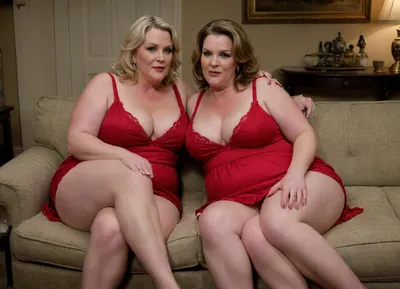 2 horny bbw American mature MILFs, lonely housewives, sitting on a couch, drunk, flirting with viewer, cleavage, fully dressed, house, arms around each other, legs open, showing pussy
