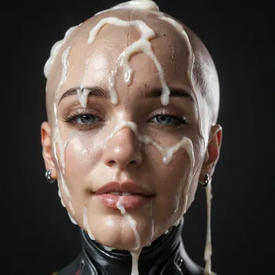 close-up on head and breasts of a sexy robot woman, android, sexbot, bald robot cyberpunk, shiny chrome parts, cybernetic body, whide hips, looking at viewer, after having been fucked intensely, (massive breasts:1), head facing viewer, tired happy face, (realistic excessive thick runny cum all over her face and body), cum on hair, cum on forehead, nose full of cum, mouth full of cum, lots of very thick cum, loads of cum, woman, on, face, excessive bukkake, cum, facialized, superfacialized, black room, black background., <lora:Allisfulloflove1024:1.4>