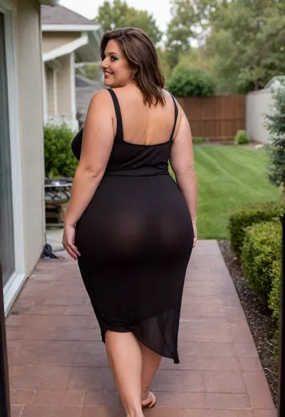 3/4 side view From behind, a full body photo of a full figure bbw brunette gilf, 60 years old, mature, thick, (very obese:1.5), (no bra, covered nipples), big smile, (captivating striking amber eyes:1.3), flirting with viewer, beautiful face, huge ass, ((wearing a sleeveless black loose dress)), walking, birthday party in her home patio in the USA suburbs, best quality, sideboob, <lora:nobrav1_SDXL:.8>