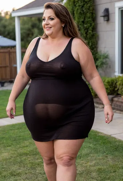 side view From behind, a full body photo of a full figure bbw brunette gilf, 60 years old, mature, thick, (very obese:1.5), (no bra, covered nipples), big smile, (captivating striking amber eyes:1.3), flirting with viewer, beautiful face, huge ass, ((wearing a sleeveless black loose dress)), walking, birthday party in her home patio in the USA suburbs, best quality, sideboob, <lora:nobrav1_SDXL:.8>
