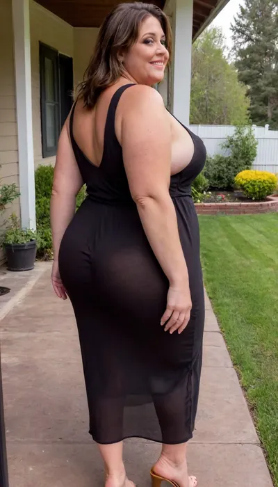 side view From behind, a full body photo of a full figure bbw brunette gilf, 60 years old, mature, thick, (very obese:1.5), (no bra, covered nipples), big smile, (captivating striking amber eyes:1.3), flirting with viewer, beautiful face, huge ass, ((wearing a sleeveless black loose dress)), walking, birthday party in her home patio in the USA suburbs, best quality, sideboob, <lora:nobrav1_SDXL:.8>