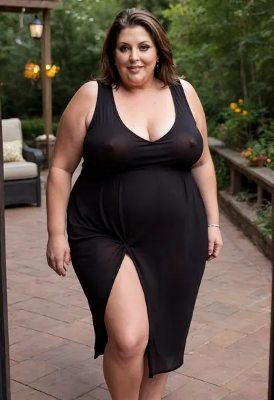From behind, a full body photo of a full figure bbw brunette gilf, 60 years old, mature, thick, (very obese:1.5), (no bra, covered nipples), big smile, (captivating striking amber eyes:1.3), flirting with viewer, beautiful face, huge ass, ((wearing a sleeveless black loose dress)), walking, birthday party in her home patio in the USA suburbs, best quality, <lora:nobrav1_SDXL:.2>
