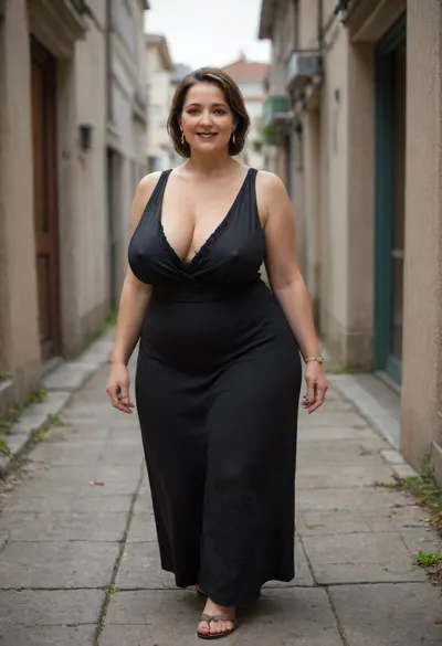 From behind, a full body photo of a full figure bbw brunette gilf, 60 years old, mature, thick, (mature:1.5), (no bra, covered nipples), big smile, (captivating striking amber eyes:1.3), flirting with viewer, beautiful face, huge ass, ((wearing a sleeveless black loose dress)), walking, birthday party in her home patio in the USA suburbs, best quality, <lora:nobrav1_SDXL:.2>
