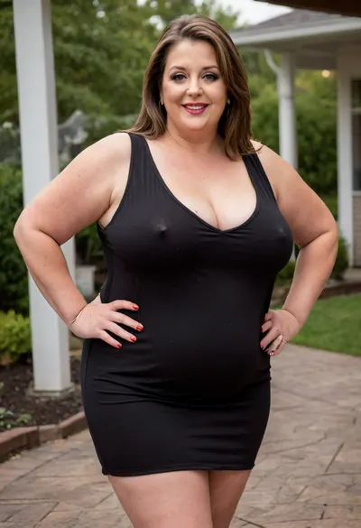 a full body photo of a full figure ssbbw gilf, 60 years old, mature, thick, ((wide hips)), (obese:1.5), (mature:1.5), (no bra, covered nipples, very saggy), big smile, (captivating striking amber eyes:1.3), flirting with viewer, beautiful face, huge, waist, ((wearing a sleeveless black loose minidress, with plunging neckline)), dancing, birthday party in her home patio in the USA suburbs, best quality, <lora:nobrav1_SDXL:.5>