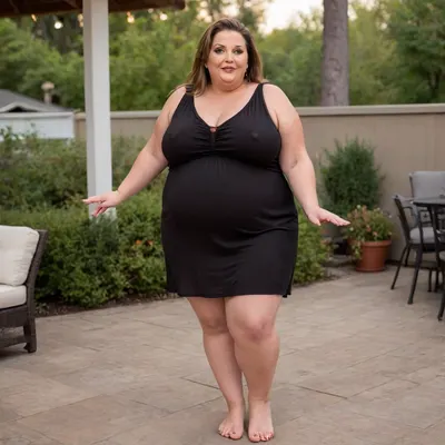 2gilfa, a full body photo of two full figure ssbbw gilf's, 60 years old, mature, thick, ((wide hips)), (obese:1.5), (mature:1.5), (no bra, covered nipples, very saggy), big smile, (captivating striking amber eyes:1.3), flirting with viewer, beautiful face, huge, waist, ((wearing a sleeveless black loose minidress, with plunging neckline)), dancing, birthday party in her home patio in the USA suburbs, best quality, <lora:nobrav1_SDXL:.5>