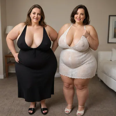 Two women, a full body photo of two full figure ssbbw gilf's, 60 years old, mature, thick, ((wide hips)), (obese:1.5), (mature:1.5), (no bra, covered nipples, very saggy), big smile, (captivating striking amber eyes:1.3), flirting with viewer, beautiful face, huge, waist, ((wearing a sleeveless black loose minidress, with plunging neckline)), dancing, birthday party in her home patio in the USA suburbs, best quality, <lora:nobrav1_SDXL:.5>