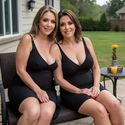 Two mature women, sitting, a full body photo of two full figure ssbbw brunette gilf, s, 60 years old, mature, thick, big hips, (mature:1.5), (no bra, covered nipples), big smile, (captivating striking amber eyes:1.3), flirting with viewer, beautiful face, huge, waist, ((wearing a sleeveless black loose minidress)), plunging neckline, sagging cleavage, birthday party in her home patio in the USA suburbs, best quality, no, bra, covered, nipples, <lora:nobrav1_SDXL:.8>