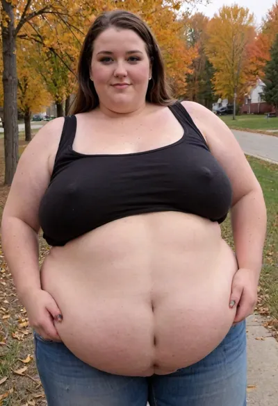 (masterpiece, best quality:1.2), very plus-size 1 girl, (((ssbbw))), ((oversized massive bosom)), 60yo milf, solo, blue jeans, (black tank top, no bra, braless, long sleeves:1.2), pretty eyes, thick brown hair, bright blue eyes, grey in hair, in autumn Canadian landscape, smiling, photorealism, perfect face, portrait, braless, Wearing, clothes, that, make, sense, with, fat bbw, body freckles, sagging belly, shapeless, saggy, (old big breasts, hanging deep, heavy boobs, saggy old boobs, teardrop shaped breasts, erect nipples), highwaist jeans, Braless>, medium breasts, megachubsdxl, morbidly, obese, <lora:bralessSDXL_v1_00022:.5>, <lora:megachubsdxl_13:.3>