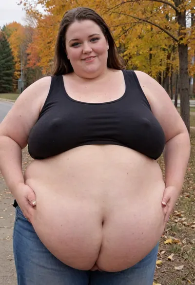 (masterpiece, best quality:1.2), very plus-size 1 girl, (((ssbbw))), ((oversized massive bosom)), 60yo milf, solo, blue jeans, (black tank top, no bra, braless:1.2), pretty eyes, thick brown hair, bright blue eyes, grey in hair, in autumn Canadian landscape, smiling, photorealism, perfect face, portrait, braless, Wearing, clothes, that, make, sense, with, fat bbw, body freckles, sagging belly, shapeless, saggy, (old big breasts, hanging deep, heavy boobs, saggy old boobs, teardrop shaped breasts, erect nipples), highwaist jeans, Braless>, medium breasts, megachubsdxl, morbidly, obese, <lora:bralessSDXL_v1_00022:.5>, <lora:megachubsdxl_13:.3>