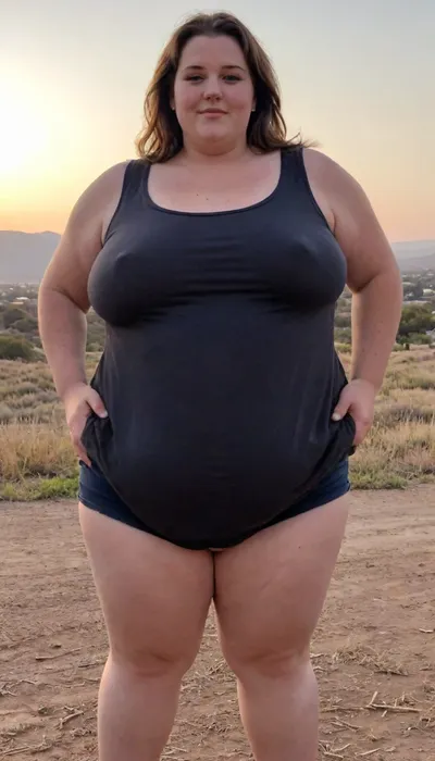 (masterpiece, best quality:1.2), very plus-size 1 girl, (((ssbbw))), ((oversized massive bosom)), 60yo milf, solo, blue jeans, (black tank top, no bra, braless:1.2), pretty eyes, thick brown hair, bright blue eyes, grey in hair, in summer, golden hour, California landscape, smiling, photorealism, perfect face, portrait, braless, Wearing, clothes, that, make, sense, with, fat bbw, body freckles, sagging belly, shapeless, saggy, (old big breasts, hanging deep, heavy boobs, saggy old boobs, teardrop shaped breasts, erect nipples), highwaist jeans, Braless>, medium breasts, megachubsdxl, morbidly, obese, <lora:bralessSDXL_v1_00022:.5>, <lora:megachubsdxl_13:.3>