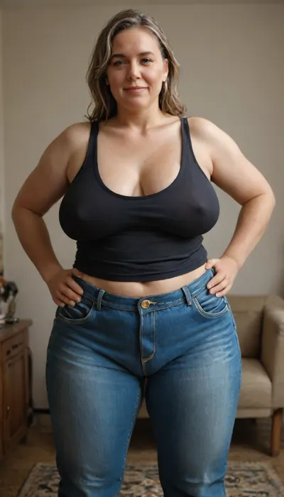 (masterpiece, best quality:1.2), very plus-size 1 girl, (((ssbbw))), ((sagging bosom)), (mature:1.5), 60yo milf, solo, blue jeans, (black tank top, no bra, braless:1.2), pretty eyes, thick light brown hair with highlights, bright blue eyes, grey in hair, smiling, photorealism, perfect face, portrait, braless, Wearing, clothes, that, make, sense, with, fat bbw, body wrinkles, sagging belly, shapeless, saggy, (old breasts, hanging deep, heavy boobs, saggy old boobs, teardrop shaped breasts, covered erect nipples), highwaist blue jeans, Braless>, medium breasts, megachubsdxl, morbidly, obese, <lora:bralessSDXL_v1_00022:.5>, <lora:megachubsdxl_13:.3>, <lora:detailed_notrigger:.8>, <lora:MJ52:.8>