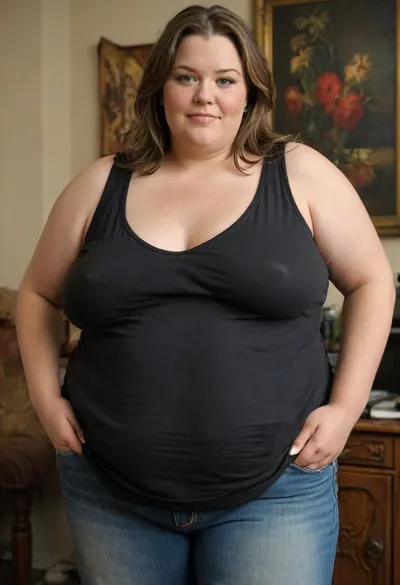 (masterpiece, best quality:1.2), very plus-size 1 girl, (((ssbbw))), ((sagging bosom)), (mature:1.5), 60yo milf, solo, blue jeans, (long black tank top, no bra, braless:1.2), pretty eyes, thick brown hair with highlights, bright green eyes, grey in hair, smiling, photorealism, perfect face, portrait, braless, Wearing, clothes, that, make, sense, with, fat bbw, body wrinkles, plump belly, shapeless, saggy, (old breasts, hanging deep, heavy boobs, saggy old boobs, teardrop shaped breasts, covered erect nipples), highwaist blue jeans, Braless>, medium breasts, megachubsdxl, morbidly, obese, <lora:bralessSDXL_v1_00022:.2>, <lora:megachubsdxl_13:.3>, <lora:MJ52:.8>