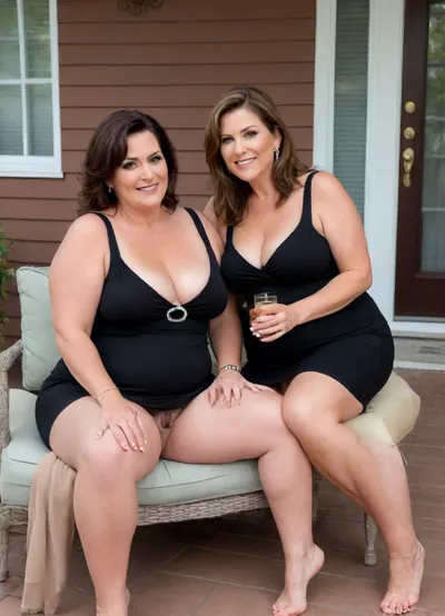 Two ssbbw mature women, sitting, a full body photo of two full figure ssbbw gilfs, brunette, 60 years old, mature, thick, big hips, (mature:1.5), (no bra, covered nipples), big smile, (captivating striking amber eyes:1.3), flirting with viewer, (one breast out), ((wearing a ring on her left hand ring finger)), ((wearing a low-cut sleeveless black minidress)), plunging neckline, sagging, in her home patio in the USA suburbs, best quality, legs spread apart, ((hairy pussy)), legs up