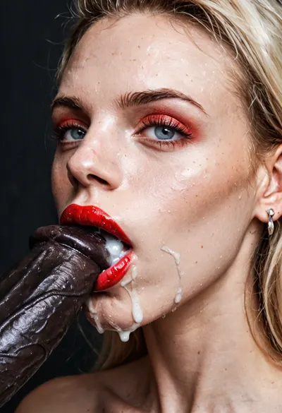 blonde 30 years old, Scandinavian, White pale skin, messy thick blonde hair, face and boobs in frame, (wide open mouth), big natural boobs, very detailed glossy and wet lips, ((red lipstick)), (((full lips))), leaning her head backwards, eyes showing the white, mouth full of cum, ((white cum in mouth)), high detail, photorealistic, beautiful realistic eyes and face details, realistic skin details, some little facefolds, dimples, blushed face, high cheekbones, (insanely thick gigantic throbbing cylindrically shaped veiny black penis:1.4), bulging chins