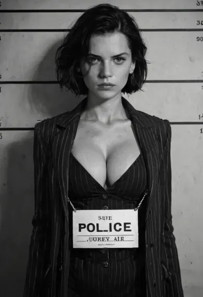 (front view), 1920s curvy female gangster mugshot, standing against a height chart, holding an ID placard, serious expression, bob haircut, pinstripe suit, open coat, cleavage, dramatic lighting, ((black and white 1920s police photograph, film grain, slight blur, soft focus, authentic 1920s texture, historical realism, medium format photo, old film look, subtle scratches, aged paper))