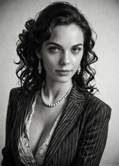 1920s female gangster portrait, elegant pose in an old photo studio, wearing a dark pinstripe suit, open suit jacket, cleavage, elegant haircut, pearl necklace, calm expression, soft lighting, neutral backdrop, black and white vintage photograph, subtle film grain, shallow depth of field, old camera lens softness, realistic lighting, antique photo texture, 1920s realism, classic portrait composition, (sepia tone:.8), (film photography style:1.2), (vintage realism:1.1)