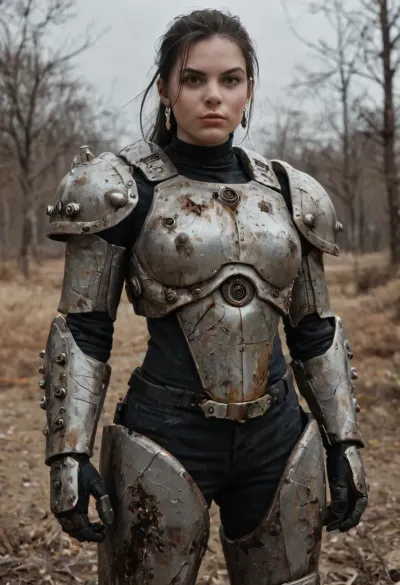(female post apocalyptic raider in power armor), fallout, fallout game, view from front, solo woman, beautiful scarred face, scars, (power armor:1.3), armor decorated with skulls and scrap metal, wasteland, realistic, highly detailed, high detail hair, action pose, low resolution photo, taken with an early 2000s camera phone, harsh flash, digital noise, compression artifacts, washed-out colors, handheld snapshot, poor lighting, realistic mobile photo aesthetic, (grainy photo:1.2), (mobile photo aesthetic:1)