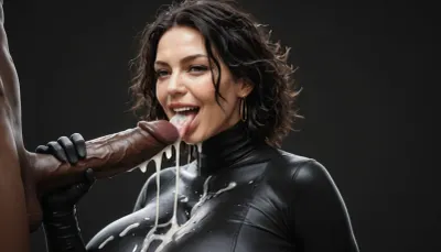 white curvy woman, extremely long straight black hair, messy hair, (milf:1.2), dark eyes, black spandex jumpsuit with turtleneck, wearing black gloves. massive breasts, amused, happy, licking the head of a massive cock of a black african male with a gigantic thick 25 inch penis, huge erection, handjob, cumshot on tongue, (ejaculation:1.2), excessive cum on breasts, cum on tongue, cum dripping from tongue, black room, black background.