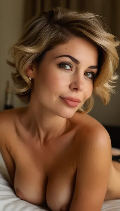 ziprealism, 35yo woman, (avant-garde snapshot esthetic), (rockstar girlfriend, mischievous smirk, playful expression, sensual gaze, playful pose:1.6), (f/2.8, shallow depth of field, layered composition with subtle foreground:1.2), subtle wrinkles on skin, detailed skin with small imperfections, (characteristic nose with subtle freckles, nasolabial folds, high cheekbones:1.1), (medium full shot, low angle view, shot in profile, view from side, focus on nipples, kneeling on bed, leaning forward:1.4), (subtle bokeh:.4), (short chique ash-blonde hair with dark roots, (chique swept-back hairstyle, small hairclips), , , voluminous hair cut in textured layers:1.4), (full lips, soft pillowed lips, larger lower lip, moist lips, slightly parted lips, natural skin texture:1.2), (cozy bedroom), (topless, large natural breasts, teardrop breasts, pale breasts, low sagging breasts, stretched areola, goosebumps on breasts, pale nipples, soft breasts:1.4), (slender and softly curved natural body, slim waist, wide hips, big natural butt), (large expressive eyes, detailed eyes, bold eyeliner, long thick eyelashes, mascara, smokey eyeshadow), igbaddie, <lora:style_lora_realis:.8>, <lora:igbaddie-XL:.4>