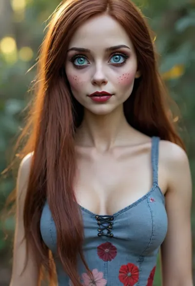 Beautiful college girl dressed as Sexy realistic version of Sally from the nightmare before Christmas Here's a detailed physical description of how she might appear in a live-action or hyper-realistic style, Realistic Sally – Physical Description
Age Appearance, Mid-20s, (though ageless, being a patchwork creation), Skin, Her skin is pale with a faint bluish-gray tint, like aged porcelain or faded fabric. It's uneven in tone—stitched together from mismatched patches of different textures and hues. You can see the subtle lines and seams where various pieces of skin, (some slightly darker or smoother), have been sewn together. The stitching is thick, black thread—like old surgical sutures—visible on her arms, legs, neck, and face. Some stitches are tight and neat, others slightly frayed or puckered with age.

Face, Sally’s face is hauntingly beautiful but unnerving. Her eyes are large and expressive, with a glassy, slightly sunken look. Her sclera, (whites of the eyes), might have a faint yellowish or gray tinge, showing wear. Her lips are full but dry, with cracked edges and a naturally red-berry color. There's a long stitch line running across one side of her cheek or over her jaw—done carefully, but clearly visible.

Hair, She has long, straight, deep auburn hair—thick strands, almost yarn-like, but realistic. It's unkempt but beautiful, like a mane of faded silk or thread, often falling over her shoulders in heavy locks. The hair might look slightly too vibrant in contrast to her muted complexion, adding to her uncanny presence.

Body, Sally is slender, with an almost frail, willowy frame. Her movements are delicate but slightly stiff or uneven—she walks with a soft, ghostly grace, but you can tell she was stitched together rather than born whole. Her limbs are long, but not unnaturally so—more like someone recovering from a long illness. The visible seams at her shoulders, elbows, and knees hint at her being pieced together from various human, (or doll-like), parts.

Clothing, She wears a tattered, homespun patchwork dress, made from mismatched fabrics—some floral, some striped, some torn lace. In a realistic rendering, the colors would be muted and worn—faded reds, pale blues, dusty yellows—stitched together with care but clearly handmade. The dress is slightly oversized, hanging loosely from her shoulders, fraying at the edges, with obvious repair work done by her own hand.

Hands and Feet, Her hands are thin and slightly disproportionate—long fingers with uneven nails, some chipped or darkened, giving the sense of both delicacy and decay. Her feet are often bare, dirty from wandering the graveyard or forest, and stitched at the ankles or across the soles.

., but, <lora:BUT_SDXL_SHS:.8>