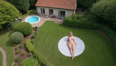 The photo was taken with a drone from a height of 50 m, it shows a naked girl in a garden, the girl sunbathes on her towel, blonde, curvy, big breasts, family house in the background