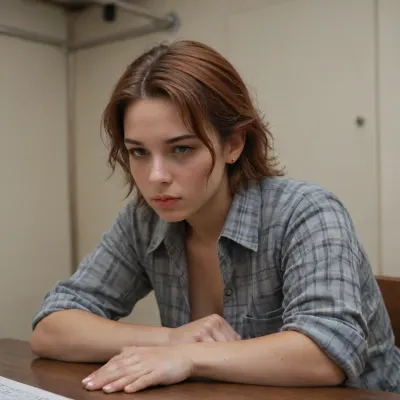 The young woman is wearing a plaid shirt with the sleeves rolled up on her forearms.Grey military trousers.Tied to a chair.He looks at me with hatred, a very evil look. Big hanging boobs.Short red hair, very wet.Chubby's body.Very strong strong forearms.Powerful and strong strong shoulders.Wide-lipped mouth.