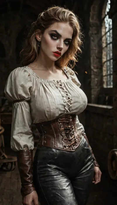 Beautiful strong fit medieval woman, (light brown hair, slicked), high cheek bones oval face, full lips, pale red lips, (Pale skin:1.3), (bright hazel eyes, dark eyeliner and smokey eye shadow), pubic hair, (defiant look), (Wearing detailed medieval white shirt, light low rise leather pants reinforced with detailed armor and heavy leather boots), (serious body language and facial expression), (dark gothic castle interior), (night:1), detailed face, detailed hair, detailed body, detailed skin, detailed large breasts, detailed pussy, random view angle, action pose, <lora:dark:1>