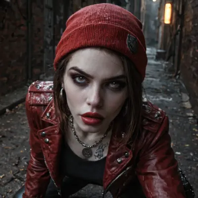 Beautiful strong fit woman, (dark brown hair, loose), high cheek bones oval face, full lips, dark red lips, (Pale skin:1.6), (bright hazel eyes, dark eyeliner and smokey eye shadow), defiant look, (Wearing detailed red biker jacket, black tight low rise leather pants and black steel toed heavy combat boots), (Also wearing a purple beanie and black fingerless gloves:1.3), (heavy silver chain necklace), (anarchy tattoos), ready to brawl, (aggressive body language), (in dark alley), (night), detailed face, detailed hair, detailed body, detailed skin, detailed breasts, detailed pussy, random view angle, action pose, low resolution photo, taken with an early 2000s camera phone, harsh flash, digital noise, compression artifacts, washed-out colors, handheld snapshot, poor lighting, realistic mobile photo aesthetic, (grainy photo:1.2), (mobile photo aesthetic:1), <lora:dark:1>