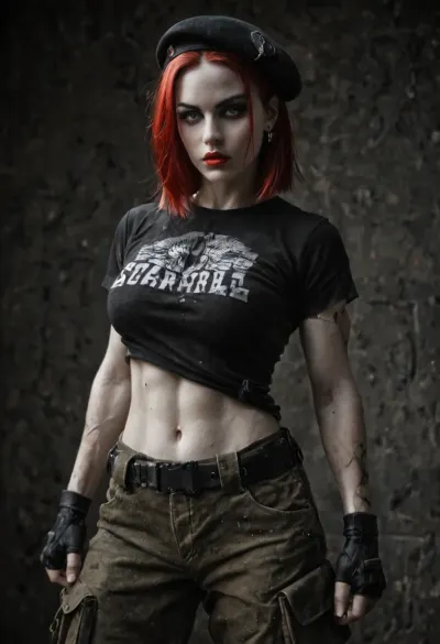 Beautiful strong muscular fit woman, (straight red hair, shoulder length), angular and sharp featured face, full red lips, (Pale skin:1.4), (bright grey eyes, dark eyeliner and eye shadow), (Wearing detailed white t-shirt, dark olive low riding baggy cargo pants and black steel toed heavy combat boots, Also wearing a dark olive beret, and black fingerless gloves), midriff, underboob, (in dark dirty bar), detailed face, detailed hair, detailed body, detailed skin, detailed breasts, detailed pussy, random view angle, action pose, low resolution photo, taken with an early 2000s camera phone, harsh flash, digital noise, compression artifacts, washed-out colors, handheld snapshot, poor lighting, realistic mobile photo aesthetic, (grainy photo:1.2), (mobile photo aesthetic:1), <lora:dark:1>