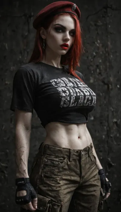 Beautiful strong muscular fit woman, (straight red hair, shoulder length), angular and sharp featured face, full red lips, (Pale skin:1.4), (bright grey eyes, dark eyeliner and eye shadow), (Wearing detailed white t-shirt, dark olive low riding baggy cargo pants and black steel toed heavy combat boots, Also wearing a dark olive beret, and black fingerless gloves), midriff, underboob, (in dark dirty bar), detailed face, detailed hair, detailed body, detailed skin, detailed breasts, detailed pussy, random view angle, action pose, low resolution photo, taken with an early 2000s camera phone, harsh flash, digital noise, compression artifacts, washed-out colors, handheld snapshot, poor lighting, realistic mobile photo aesthetic, (grainy photo:1.2), (mobile photo aesthetic:1), <lora:dark:1>