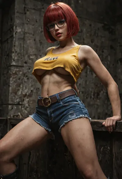Slender 21yo woman, (bob cut and bangs red hair:1.3), Oval high cheekbone face. Wide jaw., (Pale skin:1), with soft features, light eyeliner and lip gloss, Wide brown eyes, filled with devotion and submission, (Wearing detailed yellow underboob tank top, very very tiny dark blue tight low waist cutoff booty shorts with a brown belt, and dark gray high heeled boots. Also wearing thick black rims rectangle glasses), Submissive body language and pose, (in a dirty dark motel room), detailed face, detailed hair, detailed body, detailed skin, detailed breasts, detailed pussy, random view angle, action pose, pubic hair, (natural breasts), <lora:dark:.8>