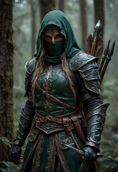 Uber realistic, 8k, ultra detailed, masterpiece, mature elf warrior, army green elven armor, holding spear in right hand, forest, full_helmet, closed_helmet, visor, (face covered:1.5), night, realistic detailed eyes, realistic detailed armor, realistic detailed body, realistic detailed skin, hkstyle, detailxl, <lora:add-detail-xl:1.5>, <lora:style_lora_realis:.8>, <lora:dark:.8>, <lora:hkstyleV5:.8>