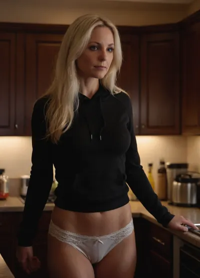 Candid cam photography, Beautiful, 40 year old, long, platinum blonde hair, wife, stunning eyes, big breast, slim fit athletic body, with a slim ass, wearing a black hoodie, white lace panties, in the kitchen, dim lighting, poor lighting, Sun-kissed skin texture, very, dark, focused, flash, photo, <lora:EldritchCandids1.1.2:.8>, <lora:736888_training_data:.8>, <lora:sdxl_darkflash_v6-000060:.8>
