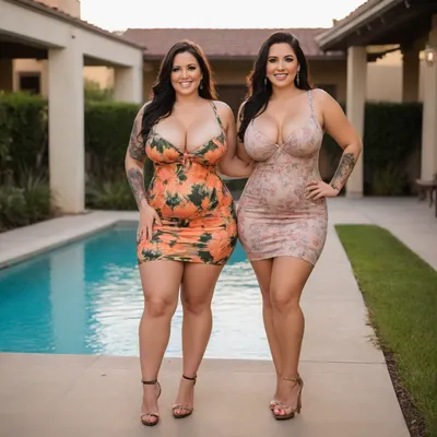 two woman, (two sexy big saggy breasts bbw:1.6), very tall woman, large waist area, (two tall and large thigh curvy woman:1.4), very healthy tits, round buttocks, (smiling:1.3), chubby, (Layers for Straight black Hair:1.4), full lips, full length, (They are wearing sexy summer dresses and under dress very big saggy breasts:1.8), sexy, laugh out loud, (walking poolside:1.5), not nude, not naked, (body tattoo:1.5), high heels shoes, poolside