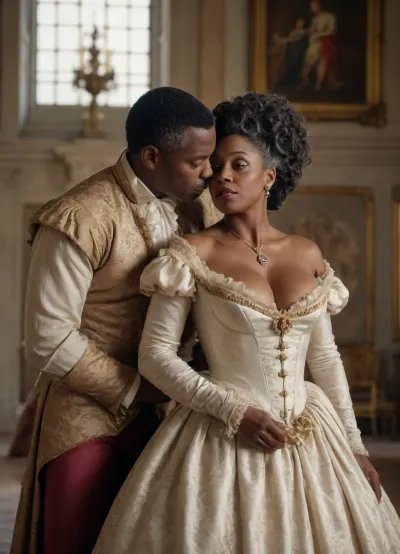 a black mature woman in the rococo period wearing a dress with her huge tits exposed, tits out, nipples showing in a castle in front of a young white man with his cock out sucking her nipples