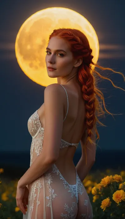 8K, ultra high resolution, exisuitedetailed, high quality, realistic portrait. A serene and elegant, pale ivory skin tone woman with bright red and bright white hair braided and adorned with yellow flowers. She is standing against a glowing full moon, wearing a sheer, see through lace flowing white gown. She is wearing an intricate, lace, neon red and neon yellow bikini set. Ethereal lighting emphasizing her delicate features and creating a halo effect, Subtle shadows and highlights adding depth and realism, Gentle clouds in the background and a Romantic and tranquil atmosphere with soft cool tones.